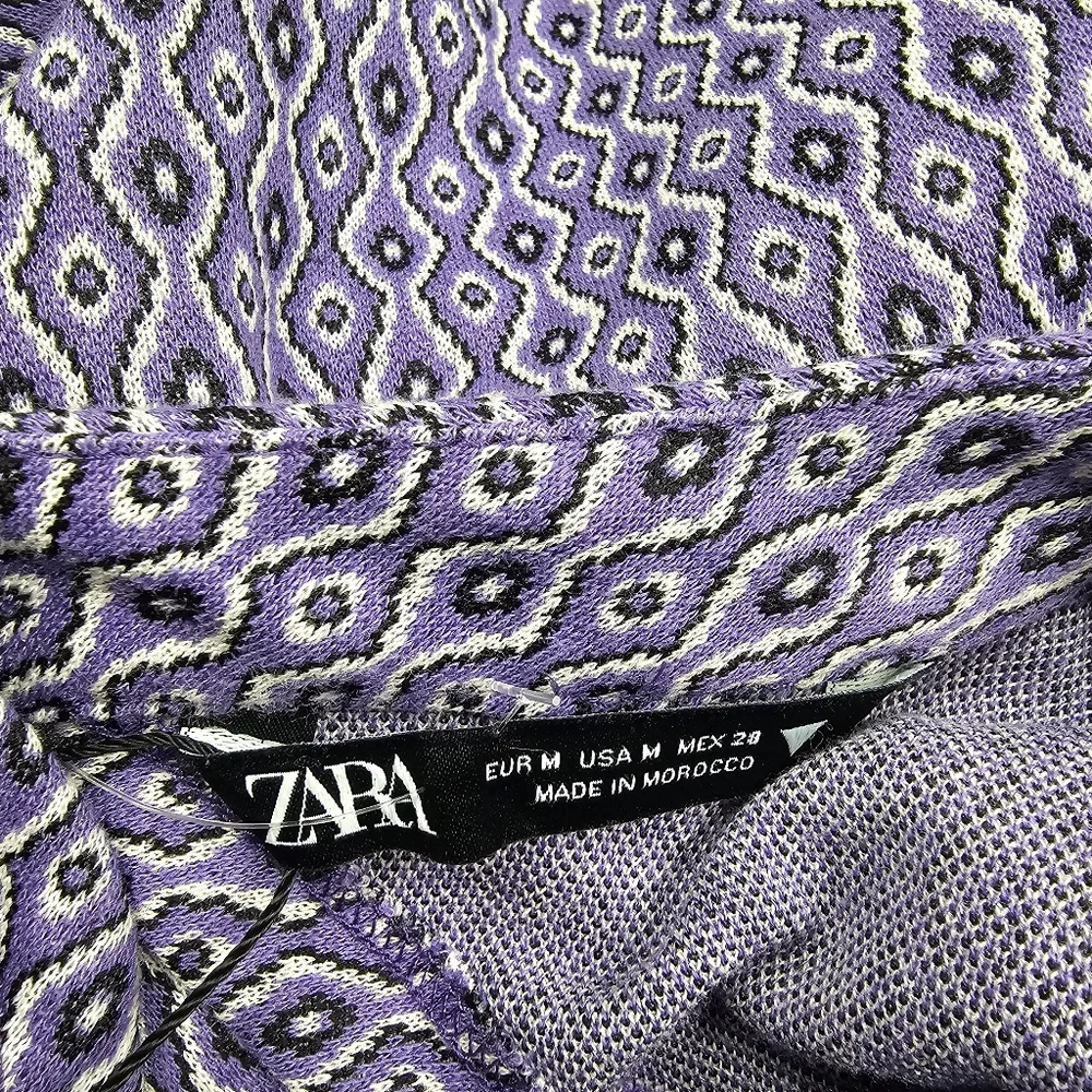🌞ZARA Jaquard Long Sleeve Cut-out Open Back Mini Dress Purple Retro Geometric - Picture 14 of 14